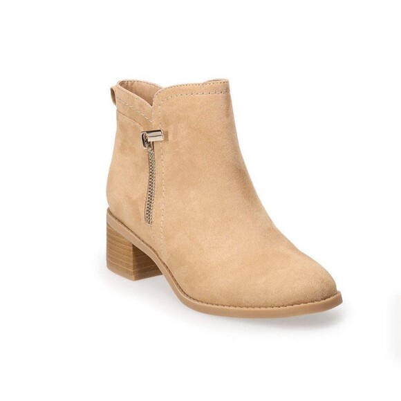LC LAUREN CONRAD BLOCK HEEL ANKLE BOOTS Women's Size 7.5 TAN FAUX SUEDE - Picture 1 of 15